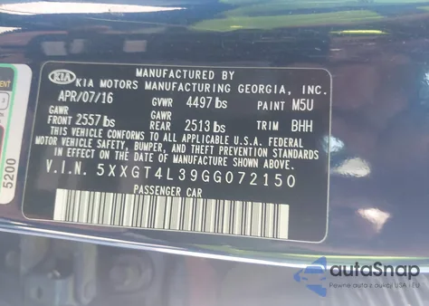 2016 Kia Optima Lx z USA, uszkodzony, nr VIN 5XXGT4L39GG072150